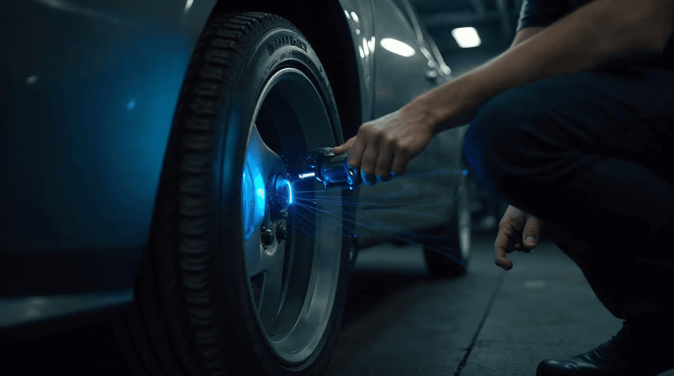 Mecanic reglând geometria roții cu ghidaj laser de precizie într-un atelier auto